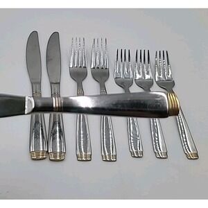 8pc Cambridge Metro-Gold Stainless Steel Flatware Silverware Gold Accent